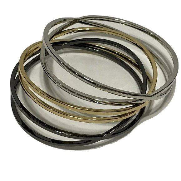 tri color bangle Cuff bracelets hematite silver gold tone slip on X bracelets - Picture 1 of 7